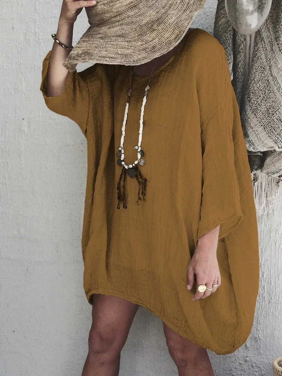 Round Neck Casual Solid Linen Blouses