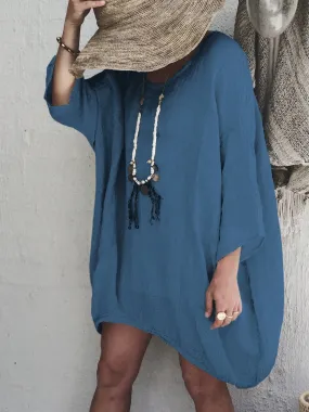 Round Neck Casual Solid Linen Blouses