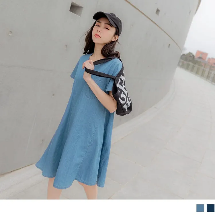 SHORT SLEEVE ROUND NECK A-LINE DENIM DRESS