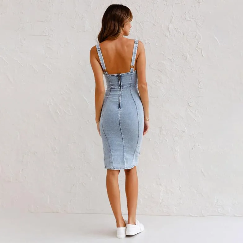 Short-sleeved U-neck Distressed Denim Dress