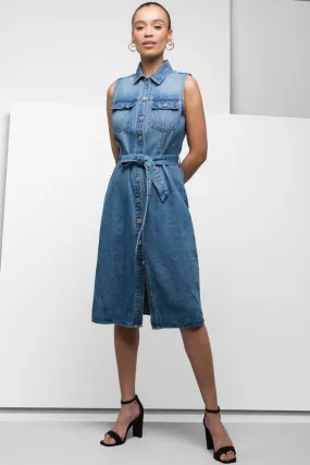 Sleeveless Belted Denim Dress Blue