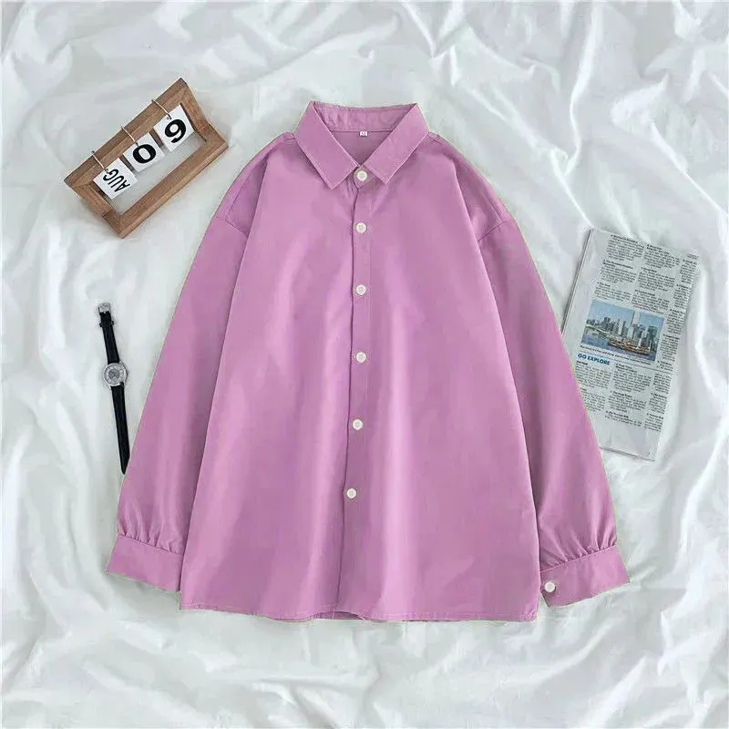 Solid Candy Turn-down Sleeve Blouse for Students