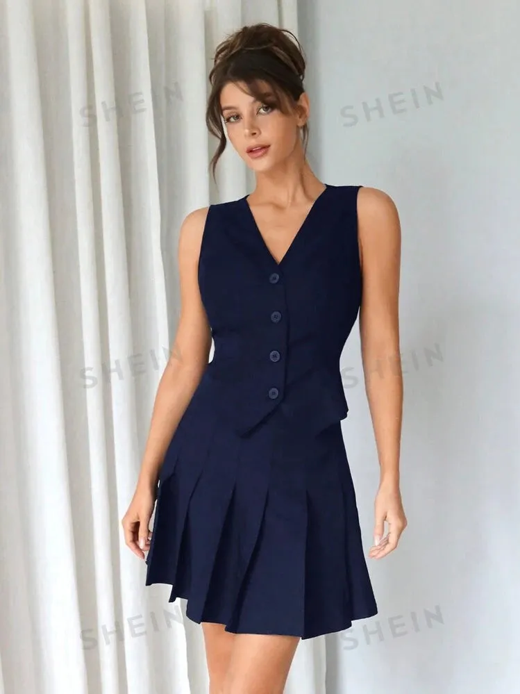 Solid color front button vest & pleated skirt set in navy