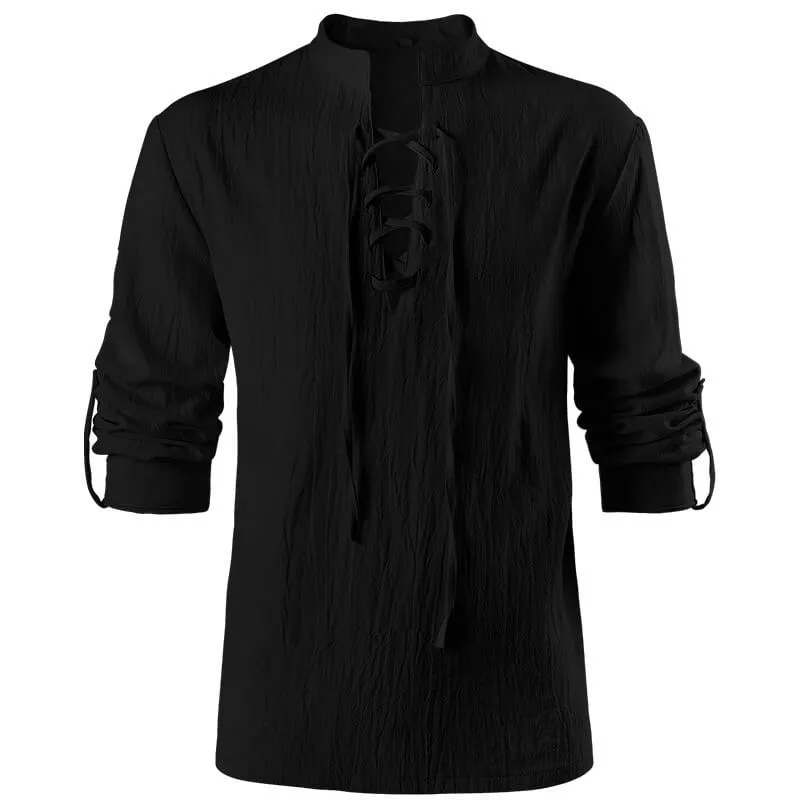 Solid Color Stand Collar Lace Up Long Sleeve Shirt