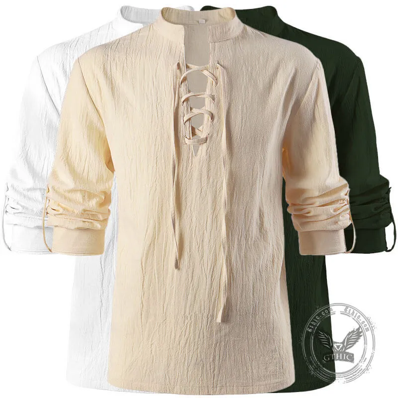 Solid Color Stand Collar Lace Up Long Sleeve Shirt