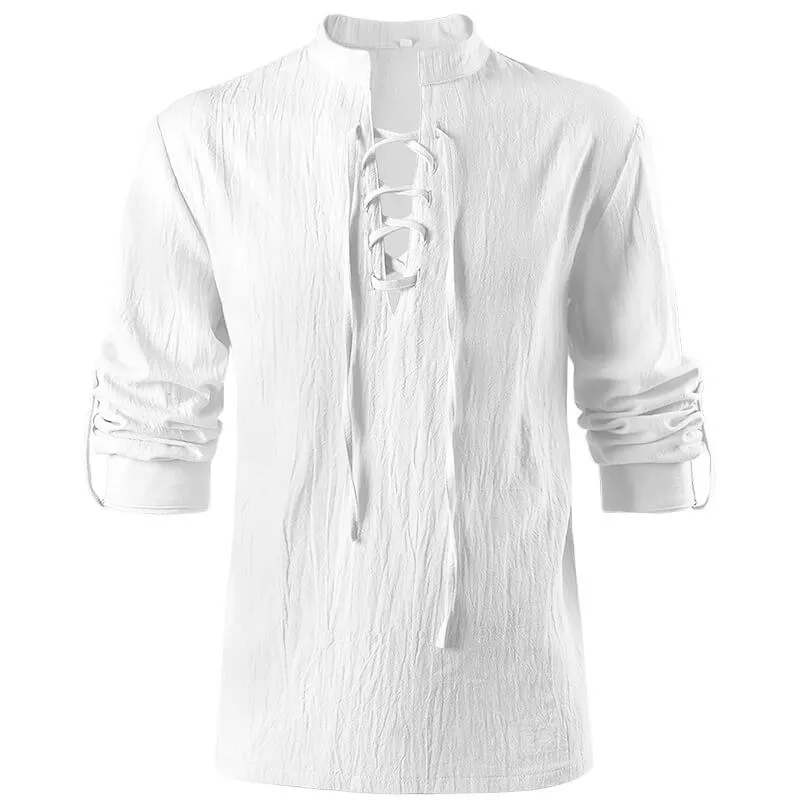 Solid Color Stand Collar Lace Up Long Sleeve Shirt