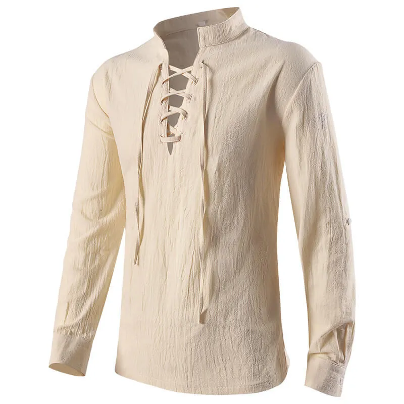 Solid Color Stand Collar Lace Up Long Sleeve Shirt