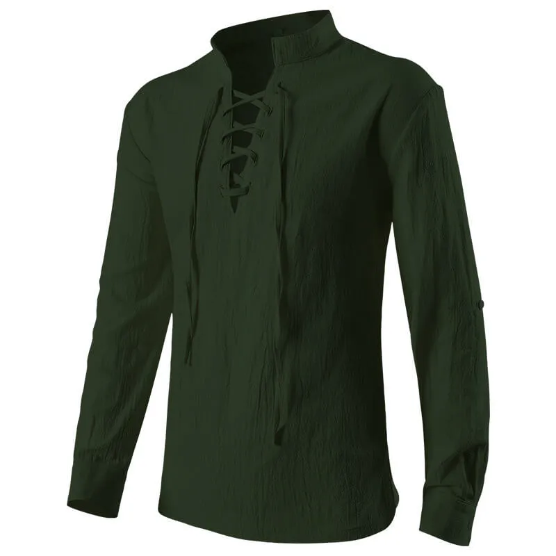 Solid Color Stand Collar Lace Up Long Sleeve Shirt