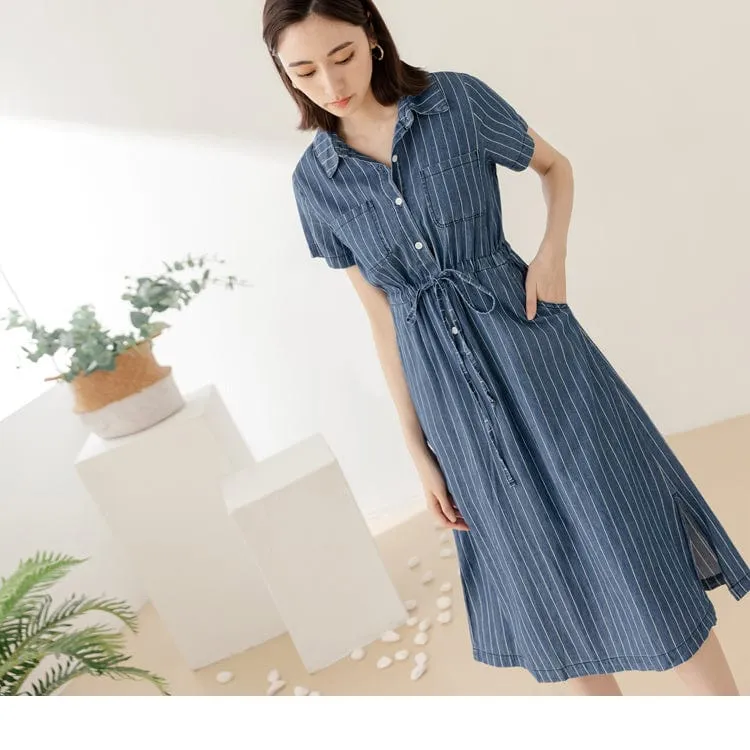 STRIPED ELASTIC WAIST SHORT SLEEVE DENIM DRESS