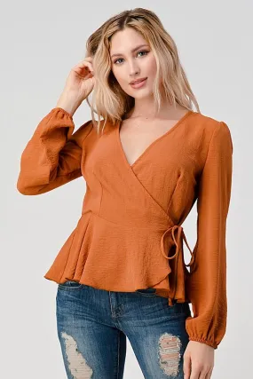 Surplice Tie Waist Long Sleeves Peplum Hem Blouse