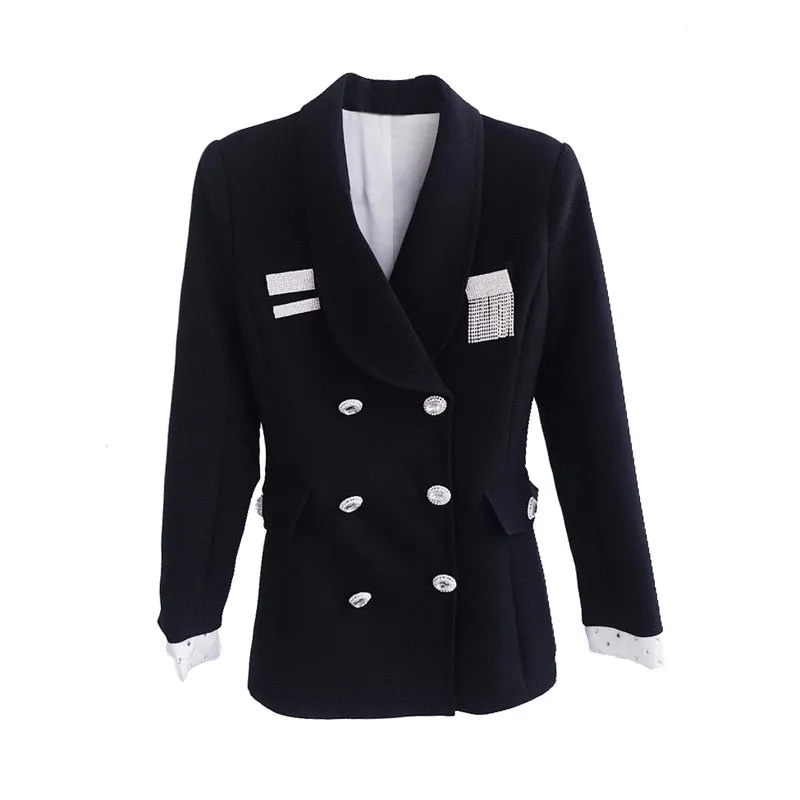 Tassel Patchwork Long Sleeve Double Breasted Slim Blazer