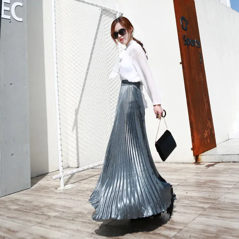 Vintage Silver Maxi Metal Flared Pleated High Waist Skirt