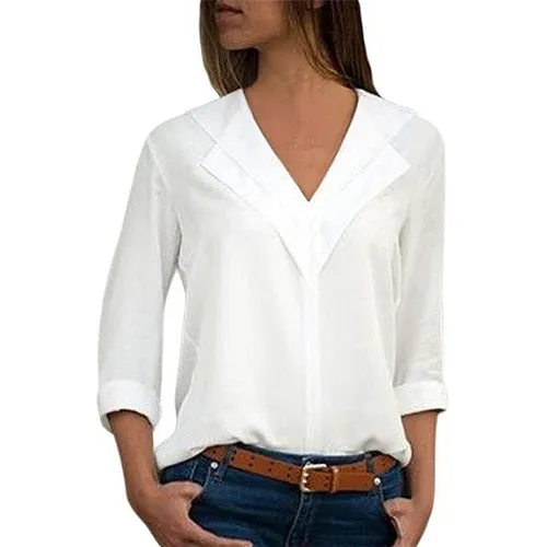 White Blouse Long Sleeve Leisure Blouse Double V