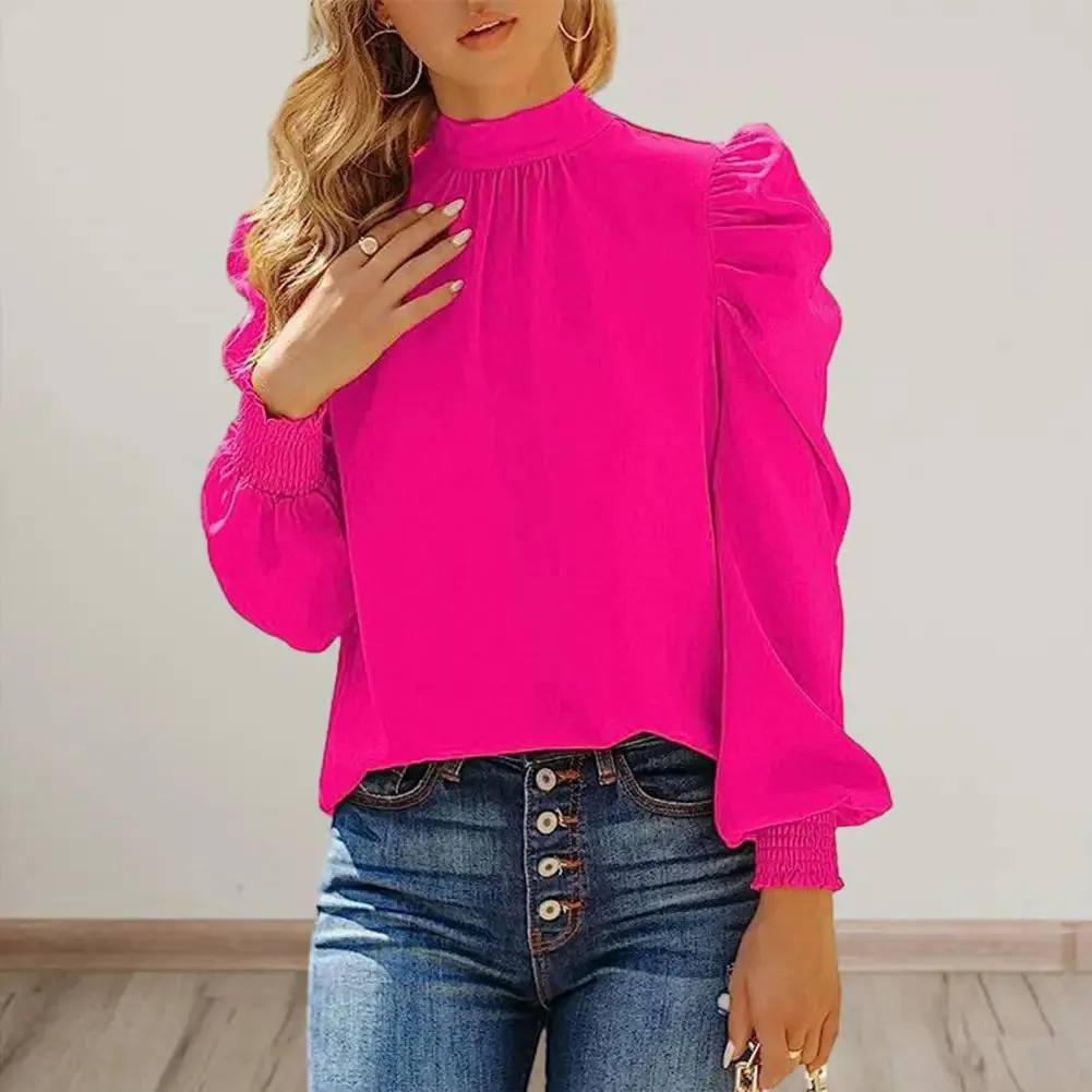 Women Blouse High Collar Pullover Shirt Puff Ruffle Long Sleeve Blouse