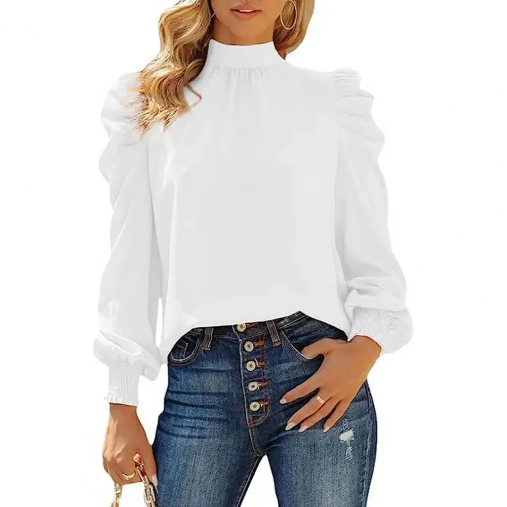 Women Blouse High Collar Pullover Shirt Puff Ruffle Long Sleeve Blouse