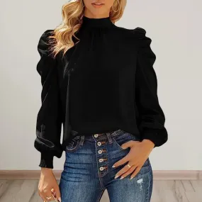 Women Blouse High Collar Pullover Shirt Puff Ruffle Long Sleeve Blouse