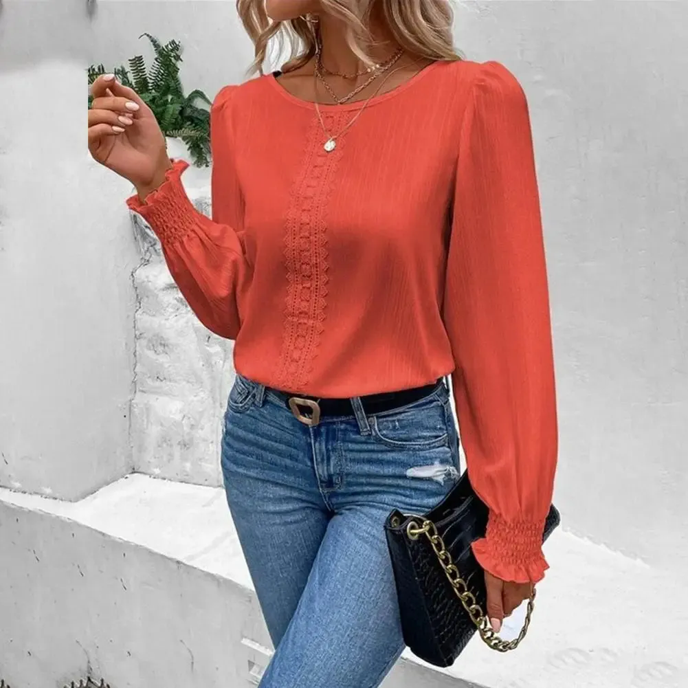 Women Shirring Cuff Round Neck Lace Patchwork Long Sleeve Blouse