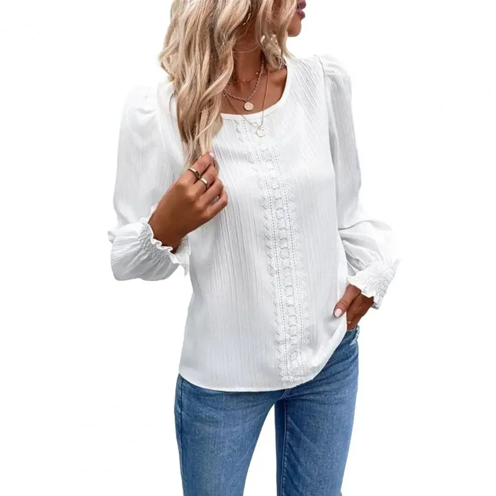 Women Shirring Cuff Round Neck Lace Patchwork Long Sleeve Blouse