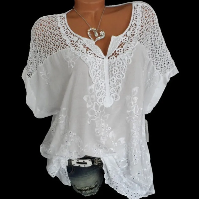 Women White  Chiffon Blouses Short Sleeve V Neck Summer Casual Style