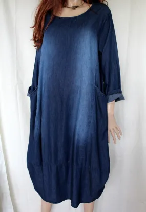 Womens Italian Dark Blue Cotton Denim Dress with 2 Pockets