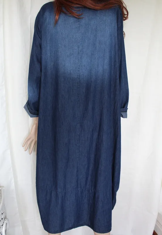 Womens Italian Dark Blue Cotton Denim Dress with 2 Pockets