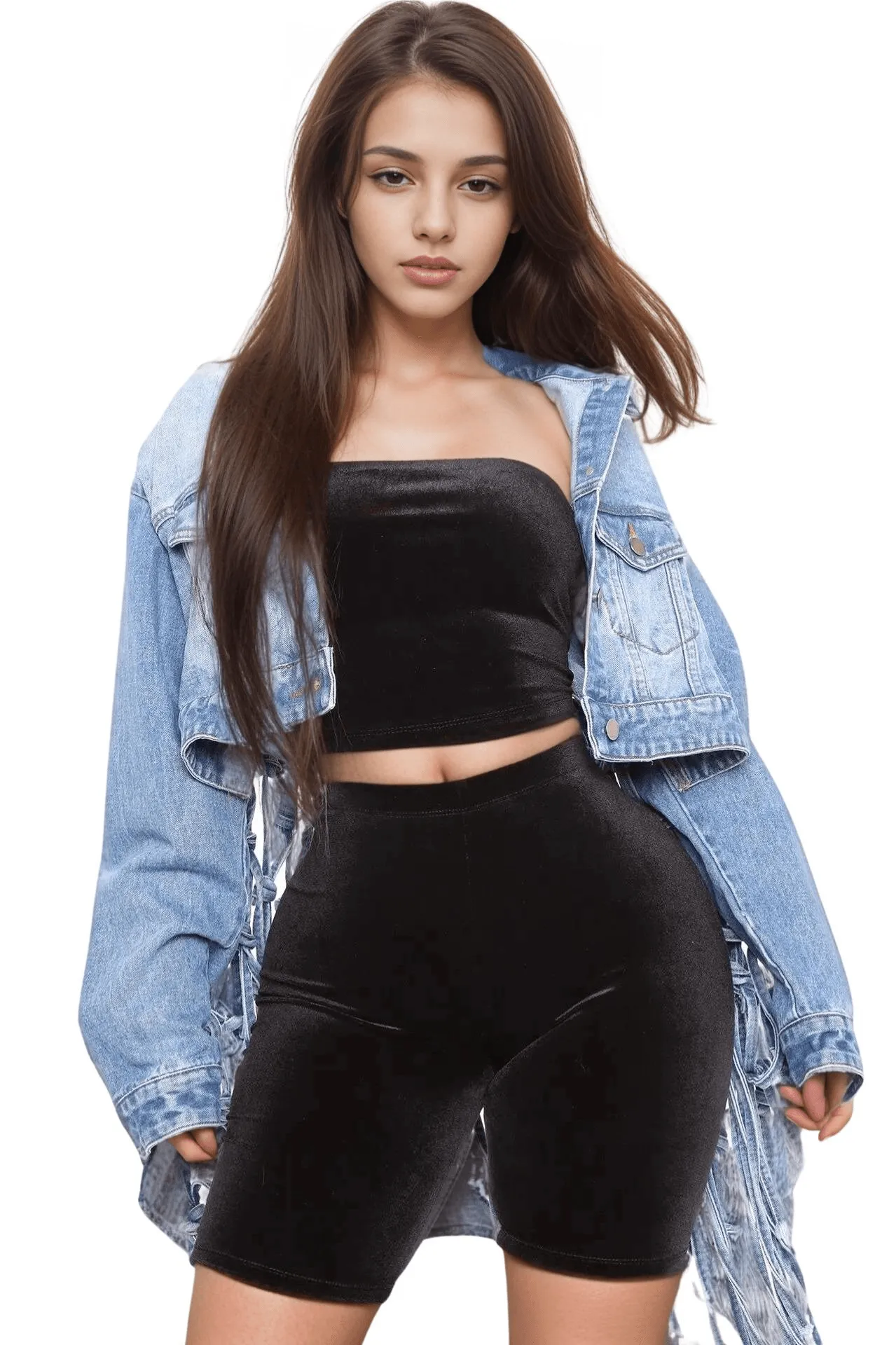 Women's Trendy Denim Jacket Mesh Tassel Irregular Jean Jacket Full Sleeve Single Breasted Loose Leisure Short Female Denim Tops