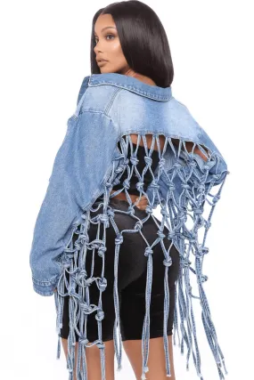 Women's Trendy Denim Jacket Mesh Tassel Irregular Jean Jacket Full Sleeve Single Breasted Loose Leisure Short Female Denim Tops