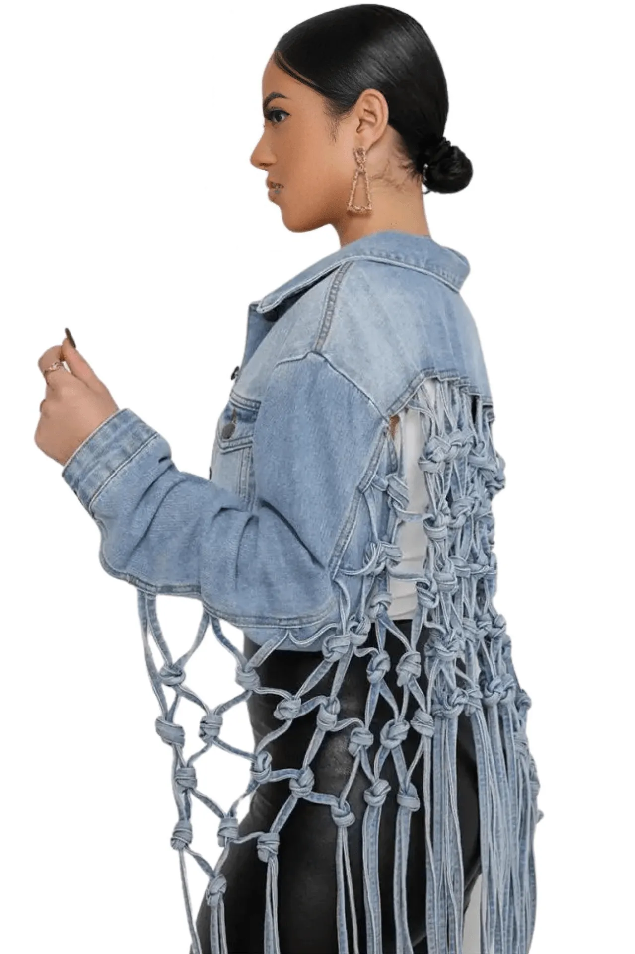 Women's Trendy Denim Jacket Mesh Tassel Irregular Jean Jacket Full Sleeve Single Breasted Loose Leisure Short Female Denim Tops