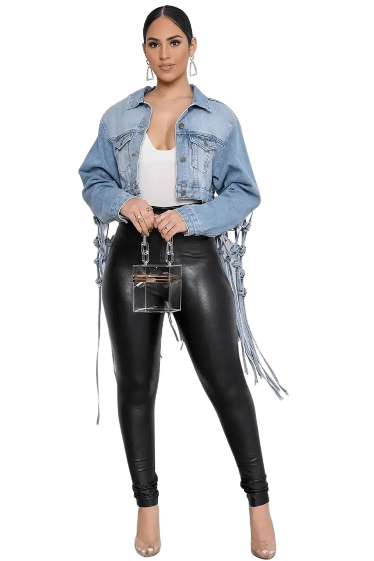 Women's Trendy Denim Jacket Mesh Tassel Irregular Jean Jacket Full Sleeve Single Breasted Loose Leisure Short Female Denim Tops